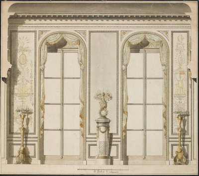 Arkkitehtuuriprojekti Hotel de Madame de Mazarinin Grande Galerielle Pariisissa (kynä ja muste ja w/c paperilla) tekijältä Jean Desmosthene Dugourc