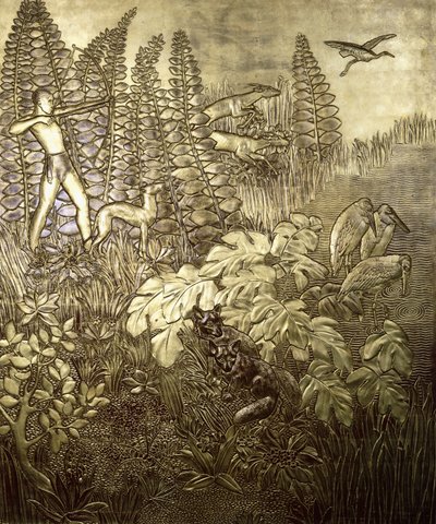 Metsästys; La Chasse, c. 1934 (kullattu ja lakattu puu) tekijältä Jean Dunand