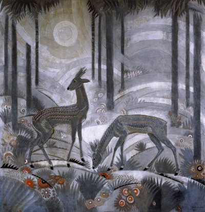 Kaksi peuraa metsässä, n.1929 (lakattu puupaneeli) tekijältä Jean Dunand