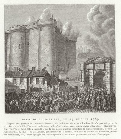 Bastilian rynnäkkö, Pariisi, Ranskan vallankumous, 14. heinäkuuta 1789. tekijältä Jean Duplessis Bertaux