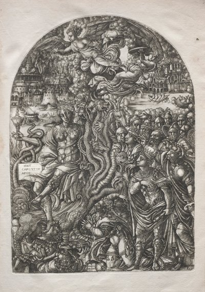 The Apocalypse: Babylon the portto, istuu seitsemänpäisen pedon selässä, 1546-1556. tekijältä Jean Duvet