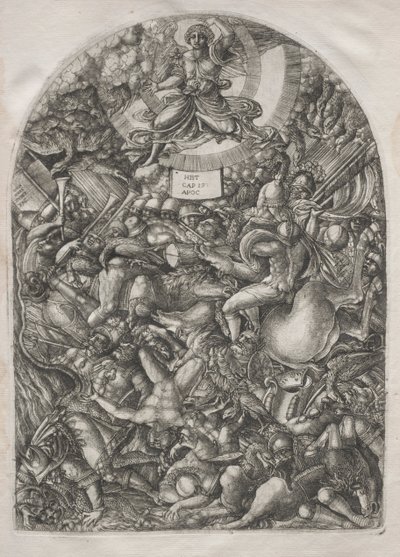 Apokalypsi: Enkeli auringossa kutsumassa petolintuja, 1546-1556. tekijältä Jean Duvet