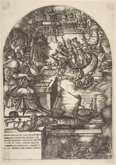 Taiteilija Jean Duvet evankelista Pyhän Johanneksen hahmossa istumassa pöydän ääressä, n. 1546-55. tekijältä Jean Duvet