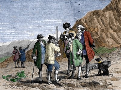 Florin Perier mittasi Evangelista Torricellin tai Toricellin korkeusbarometria (elohopeaputki) Blaise Pascalin ilman painovoimakokeen aikana Puy de Domen huipulla (1648). Kaiverrus Yan Dargent. tekijältä Jean Edouard Dargent