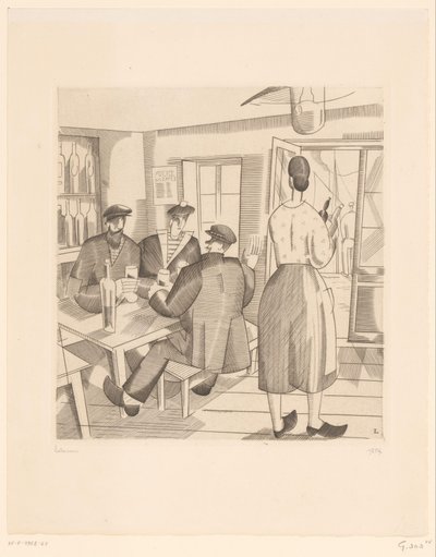 Kahvilan sisustus asiakkaiden ja tarjoilijan kanssa Cabaret Vendeen tekijältä Jean Emile Laboureur (signed by artist)