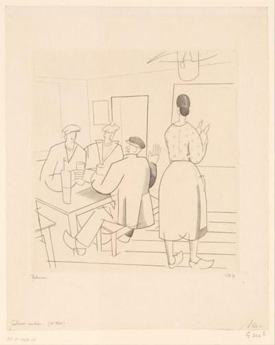 Kahvilan sisustus asiakkaiden ja tarjoilijan kanssa Cabaret vendéen (otsikko esineessä) tekijältä Jean Emile Laboureur (signed by artist)