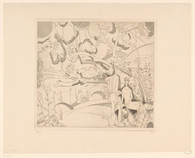 Lepäävät tennispelaajat päärynäpuussa Le vieux poirier tekijältä Jean Emile Laboureur (signed by artist)