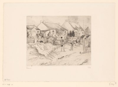 Tennispelaajat lepäämässä rannalla La petite plage (otsikko esineessä) tekijältä Jean Emile Laboureur (signed by artist)