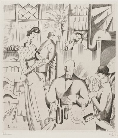 Illallinen Bistossa (Le diner chez le bistrot), 1923 (kaiverrus kudottupaperille) tekijältä Jean Emile Laboureur
