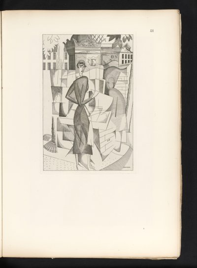 Mies ja nainen sanomalehtikioskissa Le kiosque a journaux (alkuperäinen nimi) tekijältä Jean Emile Laboureur