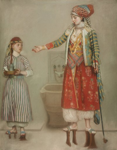 Nainen turkkilaisasussa palvelijansa kanssa hamamissa, 1700-luvun puolivälissä. tekijältä Jean Étienne Liotard