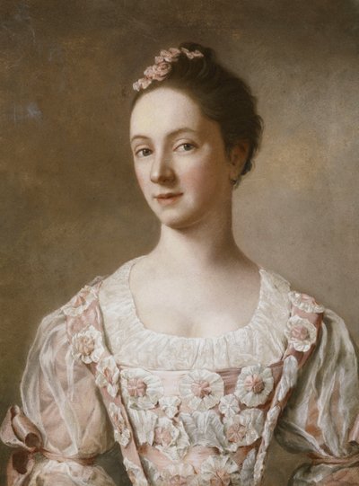 Naisen muotokuva, puolipitkä, vaaleanpunaisessa ja valkoisessa mekossa, tekijältä Jean Étienne Liotard