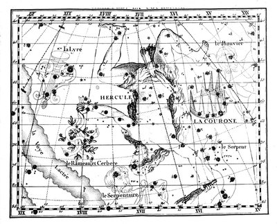 Tähtitieteellinen kartta, jonka keskipisteenä on Herkuleen tähdistö, 1775 tekijältä Jean Fortin