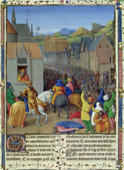 1s Fr 847 f.248 Ptolemaios Soterin tulo Jerusalemiin n. 30 eKr., kuva julkaisusta "Antiquites Judaiques", n. 1470 tekijältä Jean Fouquet