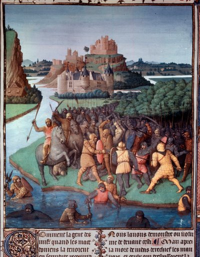 Taistelu juutalaisten ja makedonialaisten välillä Pienoiskuva otettu Jean Fouquetin (1420-1481) "Muinaisten juutalaisten kirjasta" (juutalaiset antiikkiesineet) 1400-luvun Pariisi, B.N. tekijältä Jean Fouquet