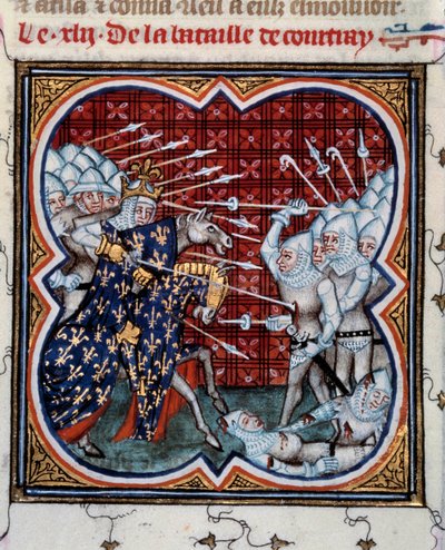 Kortrijkin taistelu Philip IV Belin (1268-1314) ja flaamilaisten ns. Golden Spurs -taistelun välillä 11.7.1302 Miniatyyri otettu Jean Fouquet