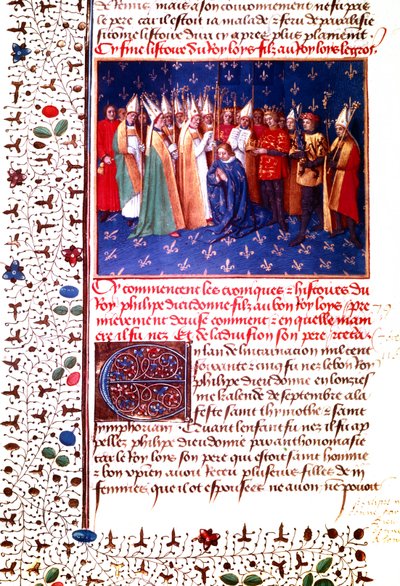 Ranskan kuninkaan Philippe II Augusten kruunajaiset vuonna 1179, n. 1455-60 (pienoiskuvaus) tekijältä Jean Fouquet