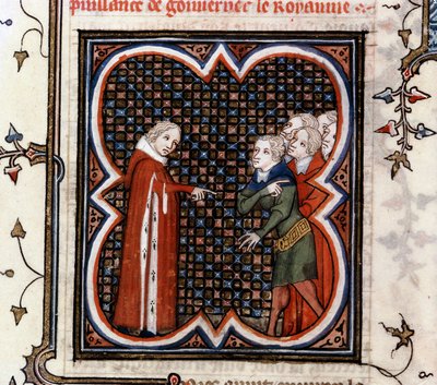 Etienne Marcel, Pariisin kauppiaiden ennakkoäänestäjä, käski Ranskan kuningas Johannes II Hyvä (1319-1364) kunnioittamaan vuoden 1357 "suurta määräystä" ja moitti hänen käyttäytymistään Jeanin "Ranskan suurissa kronikoissa" Fouquet (1420-1481), n. 1460 tekijältä Jean Fouquet