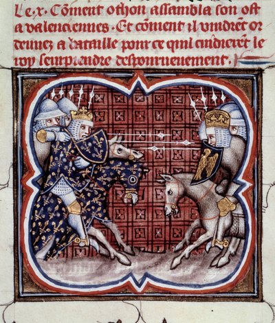 Ranskan ja Englannin sota (1202-1214): Bouvinesin taistelu 27.7.1214 Philippe Augusten ranskalaisen armeijan ja Othon IV:n flaamilaisten ja Welfien välillä. Ranskan voitto oli ratkaiseva sodan tuloksessa. Miniatyyri "Ranskan suurista kronikoista" b tekijältä Jean Fouquet