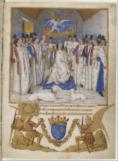 Mikaelin ritarikunnan sääntöjen etukuva, joka on tarkoitettu Ludvig XI:lle. tekijältä Jean Fouquet