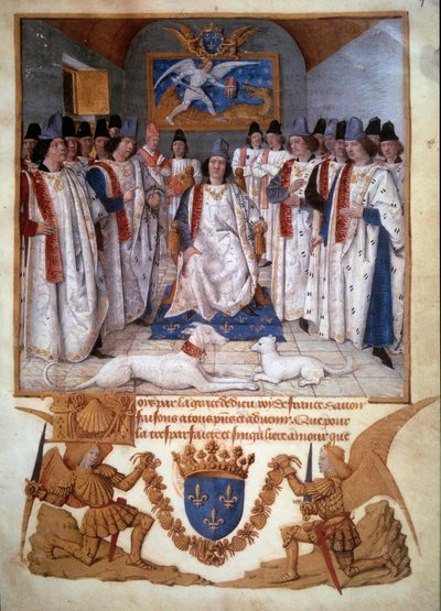 Hallittu Saint Michelin ritarikunnan osastolle Ludvig XI:n (1423-1483) ympärillä. Pienoiskuva Jean Fouquet