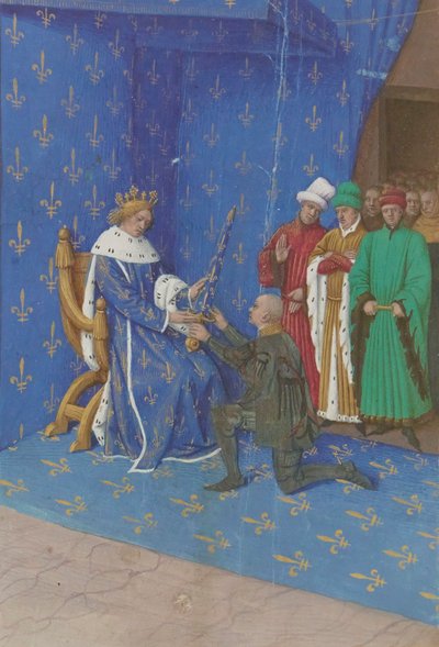Jean Fouquet - Verkkomiekan luovutus Bertrand Duguesclinille - Illuminaatio (1400-luku) tekijältä Jean Fouquet