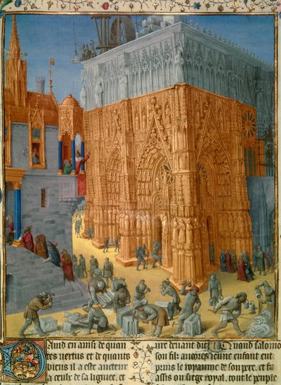 Kuningas Salomon rakentamassa Jerusalemin temppeliä Kuningas osallistuu rakentamiseen palatsinsa parvekkeelta. Miniatyyri Josephus Flaviuksen (Giuseppe Flavio, Flavius Josephe) (37-100) käsikirjoituksesta ”Juutalaiset muinaiset esineet”, kuvittanut Jea tekijältä Jean Fouquet
