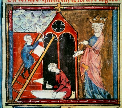 Louis vi le gros (1081 - 1137) rakennuksen rakentamisen valvonnassa. Pienoiskuva Jean Fouquet