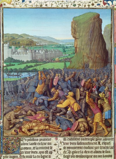 Ms Fr 247 fol.110 Israelilaisten voitto filistealaisista, kuva julkaisusta "Antiquites Judaiques", n. 1470 tekijältä Jean Fouquet