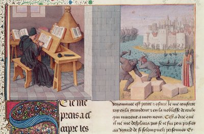 Ms.fr.273 fol.7 Livius (59 eKr.-17 jKr.) Kirjoittaminen ja Rooman perustaminen, Pierre Bersuiren kääntämä kirjasta The Annals of the Roman People, n. 1475 tekijältä Jean Fouquet