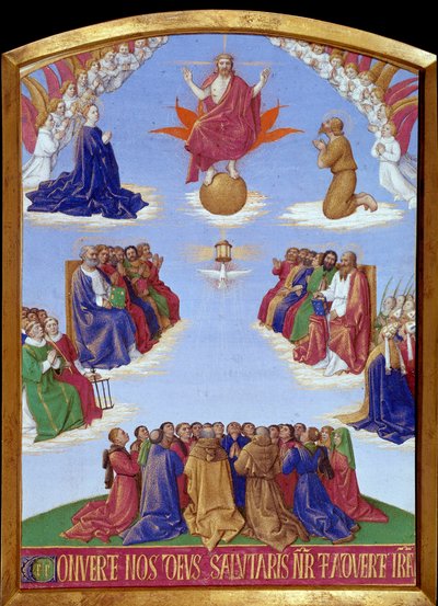 Helluntai: Pyhän Hengen ylösnousemus. Miniatyyri otettu Jean Fouquet