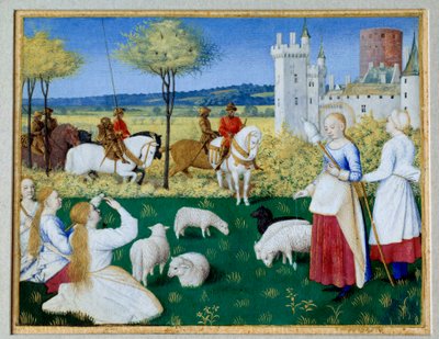 Pyhä Margarita Antiokialainen (3. vuosisata) ja Olibrius, joka tunnetaan myös nimellä Margarita, joka pitää lampaita Jakson Jamesin (Jacobus) legenda (1228-1298). Prefet Olibrius rakastuu yhtäkkiä Margaritaan, nuoreen paimeneen, joka on kiireisenä pyörimäs tekijältä Jean Fouquet