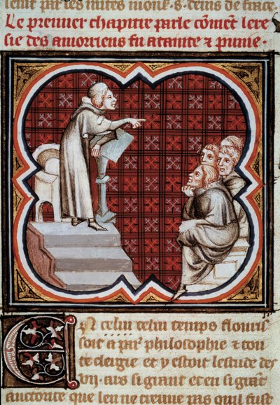 Ranskalainen filosofi ja teologi Amaury de Chartres (tai Amaury de Bene tai Amalricus de Bene) (kuoli 1209) opetuslastensa (amaurialaisten) edessä. Miniatyyri Les Grandes Chronicles de Francesta"" valaistunut Jean Fouquet (1420-1481) tekijältä Jean Fouquet