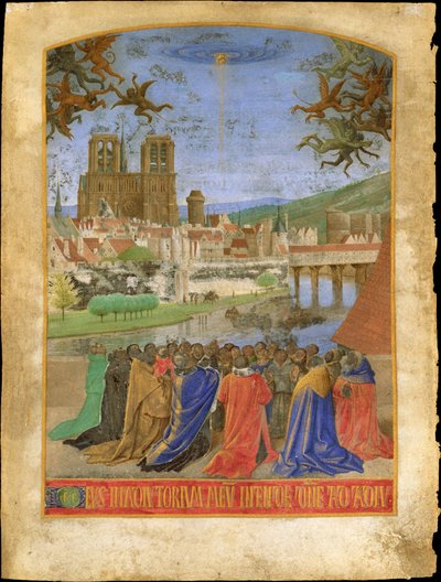 Jumalan oikea käsi suojelee uskollisia demoneilta, n. 1452-1460. tekijältä Jean Fouquet