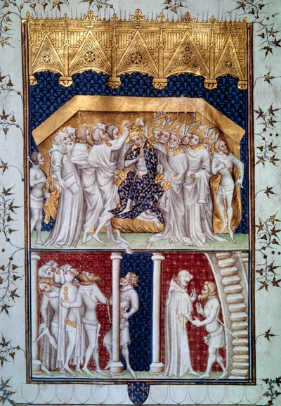 Kaarle VI:n (1368-1422) kruunasi Ranskan ikäisensä 16.9.1380. Pienoiskuva Grandes Chronicles de Francesta" Jean Fouquet (1420-1481) 1400-luvun Pariisi, B.N. tekijältä Jean Fouquet