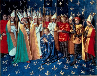 Philippe Augusten kruunajaiset Reimsissä 11.1.1179. Pienoiskuva Saint Denisin aikakirjoista" Jean Fouquet (1420-1481) 1400-luku. Paris, B.N. tekijältä Jean Fouquet