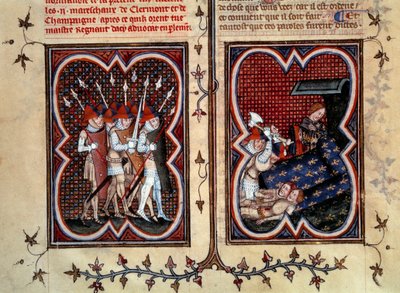 Etienne Marcel (1315-1358) ja hänen miehensä murhasivat marechaux Robert de Clermontin ja Jean de Conflansin delfiini Charlesin (tuleva Kaarle V) huoneessa Palais de la citessa 22. helmikuuta. tekijältä Jean Fouquet