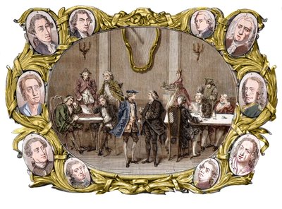 Pariisi - Kahvila "" Procope"" 1700-luvulla oikealta vasemmalle, mitaleissa Georges Louis Leclerc, Comte de Buffon, Nicolas Joseph Florent Gilbert, Denis Diderot, Jean le Rond d