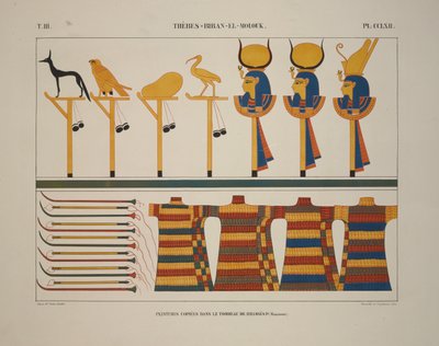 Aseet ja merkit, Thebes, Biban-el-Molouk, kuva "Egyptin ja Nubian muistomerkit, 1845 tekijältä Jean Francois Champollion
