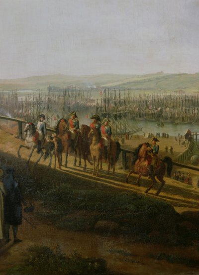 Napoleon Bonaparte (1769-1821) Vierailee Boulognen leirillä heinäkuussa 1804, yksityiskohta Napoleonista ja laivueesta, 1806 tekijältä Jean Francois Hue