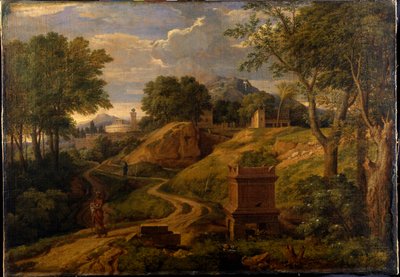 Klassinen maisema, jossa nainen kantaa lasta, n. 1650-1675 (öljy kankaalle) tekijältä Jean Francois I Millet