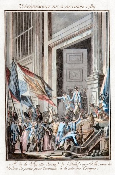 Ranskan vallankumous – La Fayette poistui Pariisin kaupungintalosta Versaillesiin, 5. lokakuuta tekijältä Jean Francois Janinet