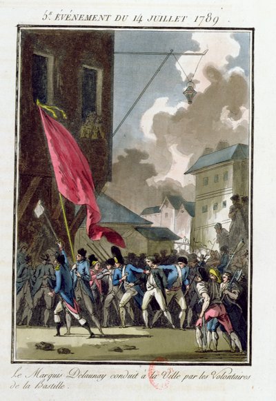 Markiisi Bernard Rene Jordan de Launay (1740-89) Bastillen kuvernööri johdatteli Hotel de Villeen 14. heinäkuuta 1789 tekijältä Jean Francois Janinet