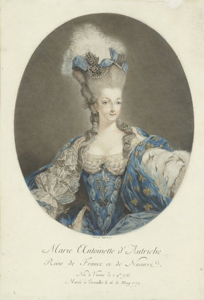 Muotokuva Marie Antoinettesta Marie Antoinette Itävallasta, Ranskan ja Navarran kuningatar (otsikko esineessä) tekijältä Jean Francois Janinet