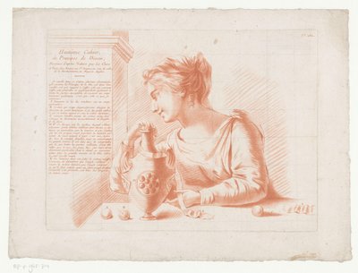 Otsikkoprintti naisella ja kannulla Sävellykset ihmiskehon osista (sarjan nimi) Huitième Cahier, Principes de Dessin (sarjan nimi esineellä) tekijältä Jean Francois Janinet