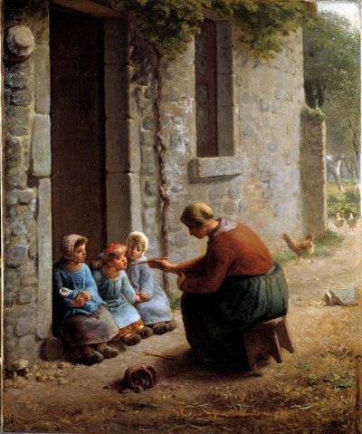 La becquee tai talonpoika ruokkimassa lapsiaan. Jean Francois Milletin (1814-1875) maalaus tekijältä Jean Francois Millet