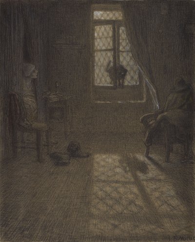 Le chat tai The Cat at the Window, 1857-58 (conté värikynä ja pastelli, stumping ja sekoitus, kiinnitetty kudottupaperille) tekijältä Jean Francois Millet