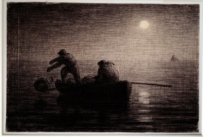 Hummerikalastajat heittelemässä savea, yövaikutelma Jean Francois Milletin (1814-1875) musta lyijykynäpiirros, noin 1856-1858. Himmeä. 0,32 x 0,49 m Pariisi. Orsayn museo tekijältä Jean Francois Millet