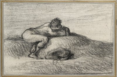 Mies kyykistyy kukkulalla, 1848 - 1850 (musta värikynä luonnonvalkoiselle paperille, asetettu vaaleansiniselle paperille, jossa on kolme kultaviivaa) tekijältä Jean Francois Millet