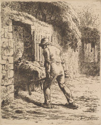Talonpoika työntää kottikärryä, 1855 tekijältä Jean Francois Millet